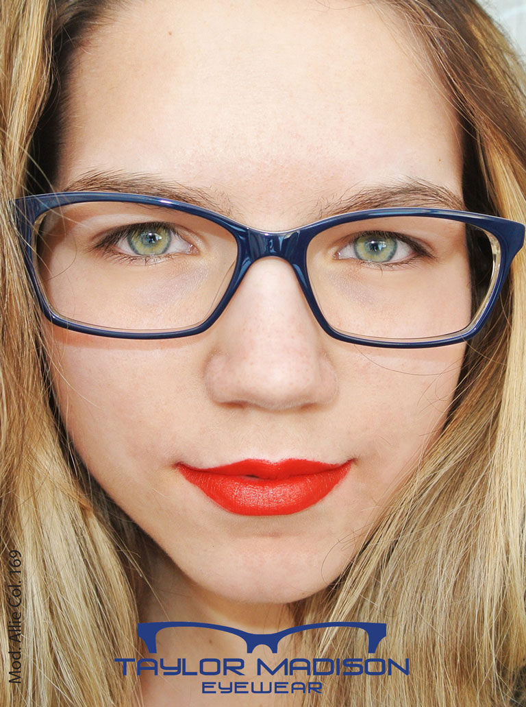 young woman with red lipstick and glasses